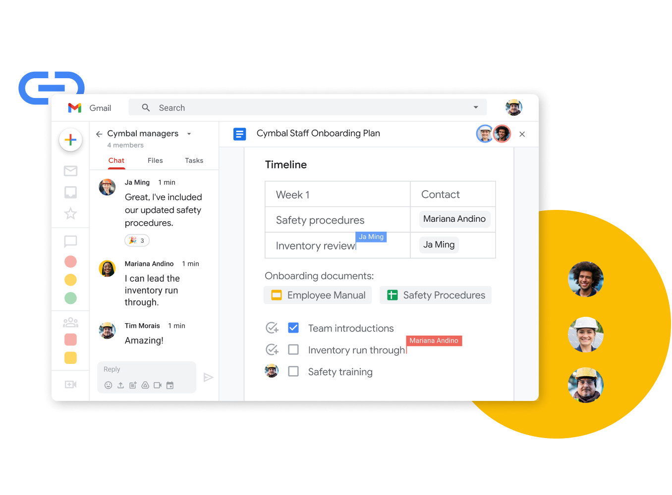 Grafika rozhraní Google Workspace – členové týmu společně upravují dokument a v reálném čase spolu chatují