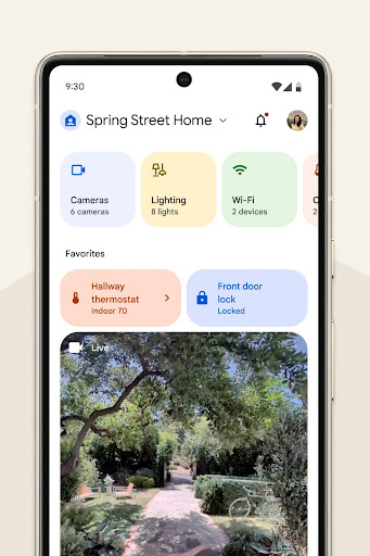 A Pixel Phone screen shows the Google Home app for the Morgan Family Home, with icons to control things like the lights, thermostats, and cameras