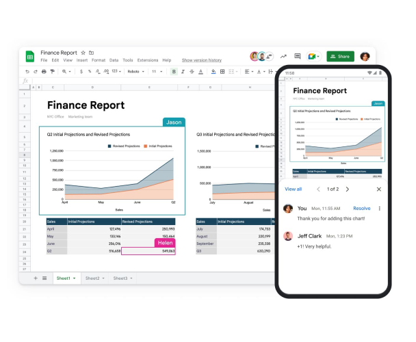 Google-táblázat „Pénzügyi jelentés” címmel egy laptop és egy mobil képernyőjén. 
