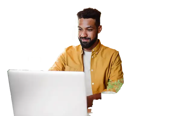 A bearded man smiles while working on a laptop; he’s encircled by icons representing a measurement gauge, a graph trend line, and text bubbles containing the words “Best in class,” “Leader,” and “Challenger
