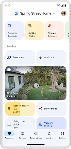 Google Home App UI with Camera View