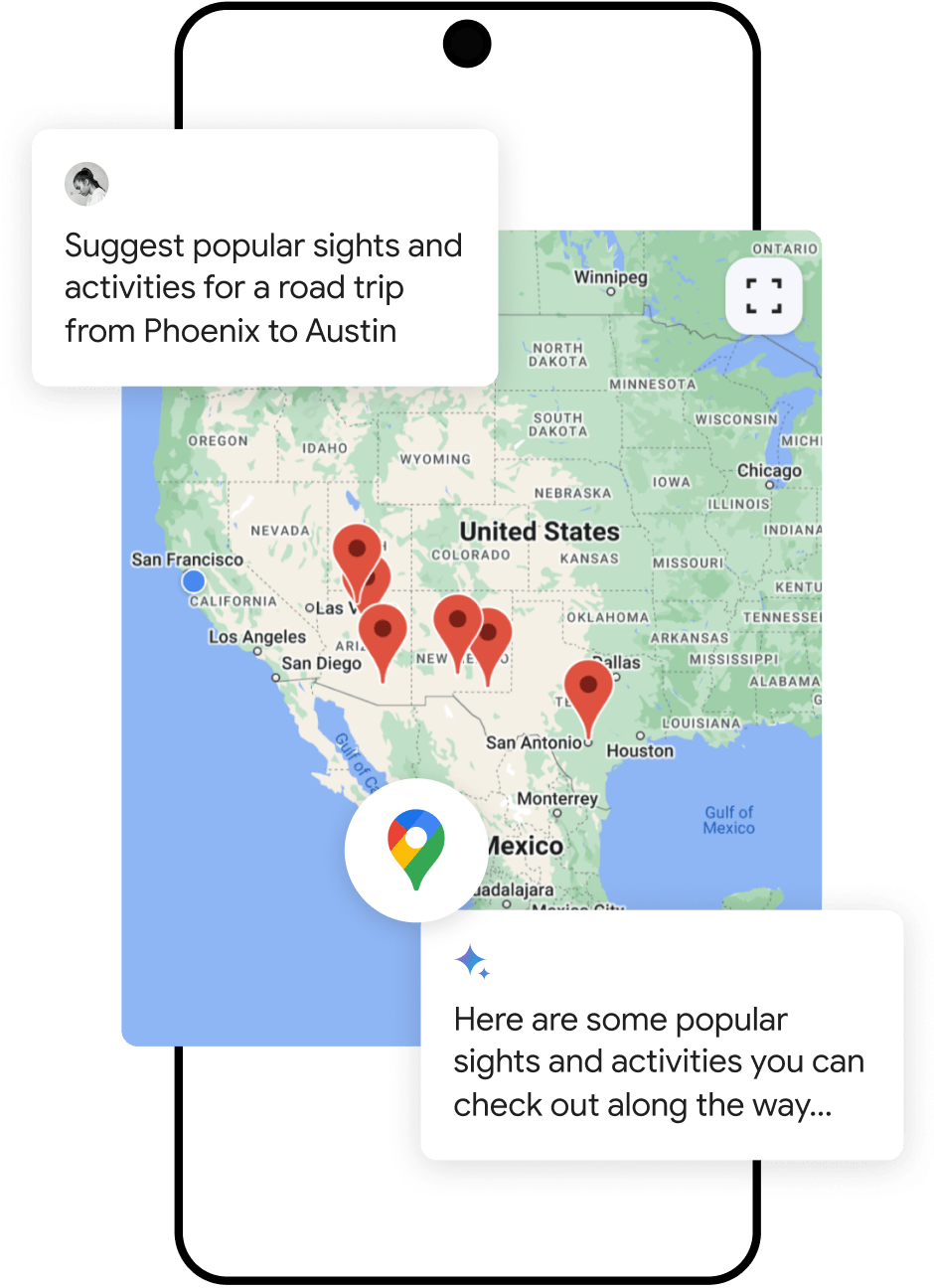 Slide for suggesting popular sights and activities for a road trip from Phoenix to Austin
