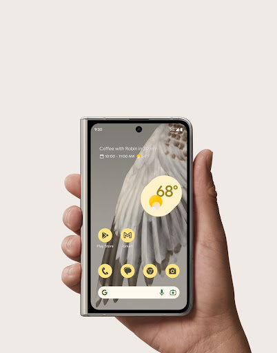 A hand holds front of Pixel Fold with a beautiful wing on the screen