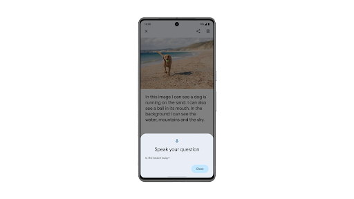 Utilisation de la fonctionnalité Questions/Réponses sur l'image dans Lookout sur un téléphone Android pour écouter une description de l'image générée par l'IA et poser des questions.