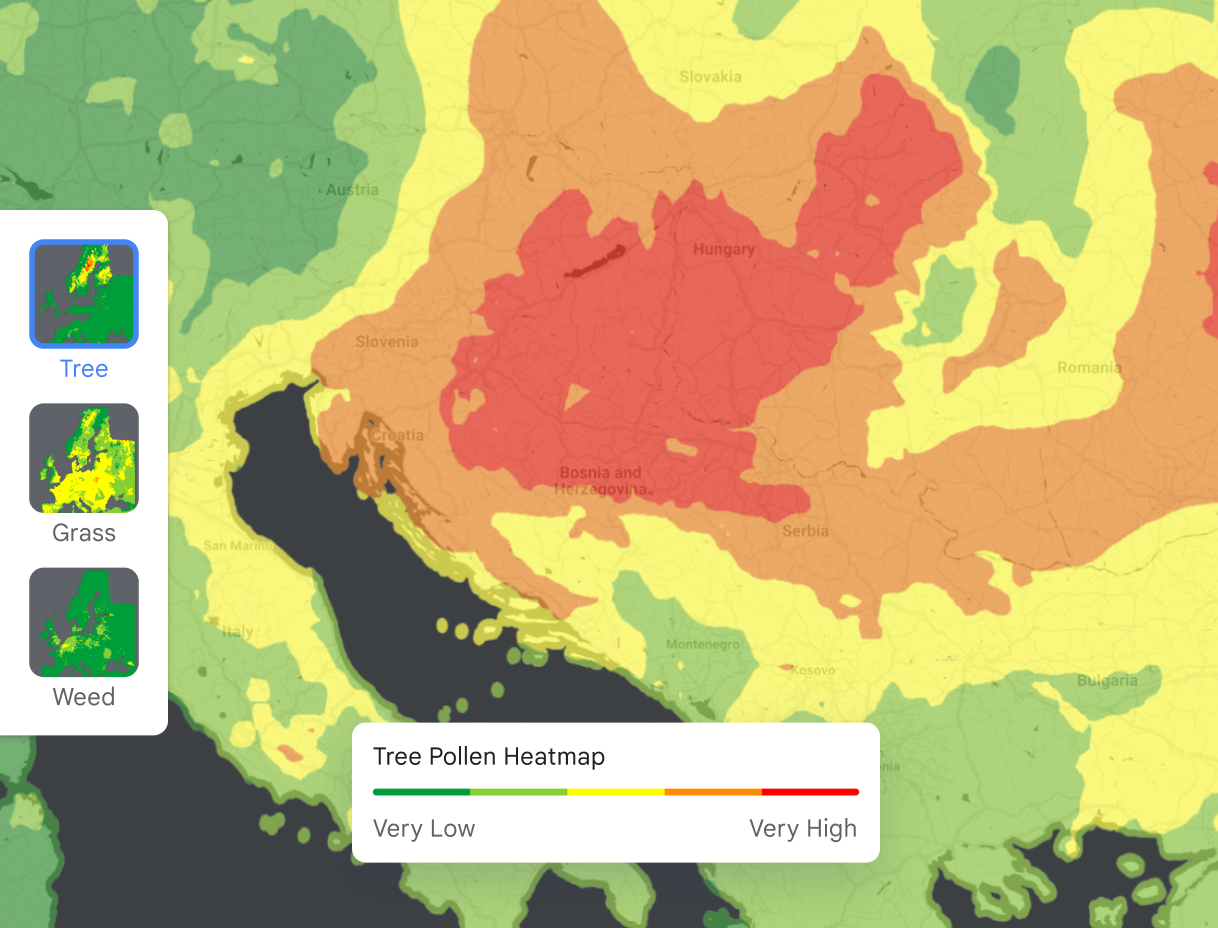 Тепловая карта уровня пыльцы в Европе