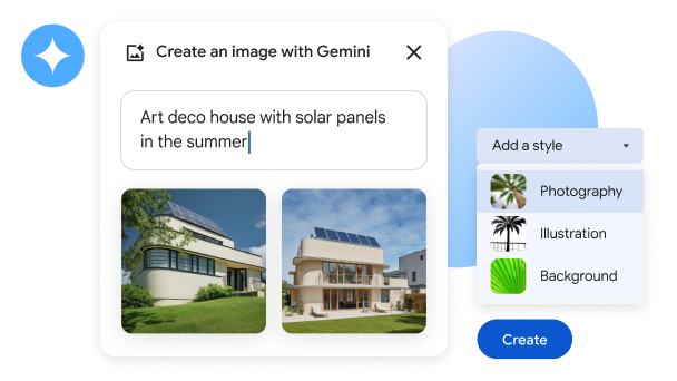 Fungsi ‘bantu visualisasi’ Gemini sedang digunakan untuk menunjukkan empat gambar rumah bergaya art deco dengan panel surya di atapnya. 