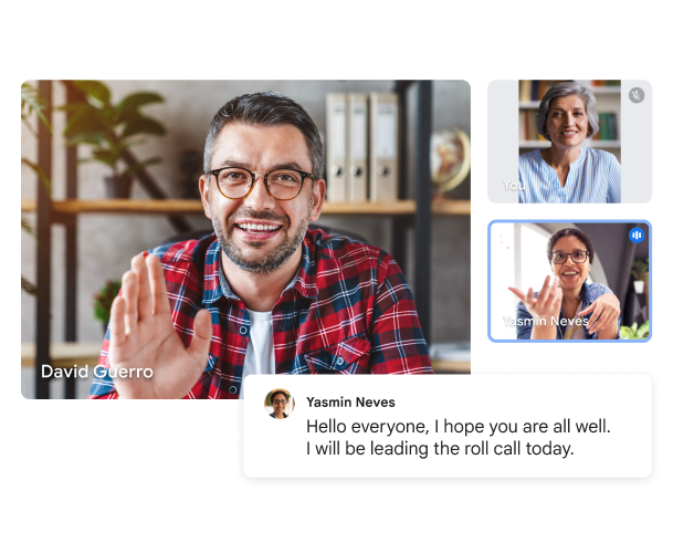Cuộc gọi video trên Google Meet cho thấy 3 người dùng và một bản chép lời trực tiếp có nội dung "Chào mọi người, mong là mọi người vẫn khoẻ. Hôm nay tôi sẽ phụ trách việc điểm danh." 
