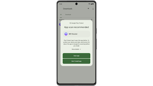 Google Play Protect scanner en app på en Android-telefon, og vurderer herefter, at den er skadelig, og blokerer den.