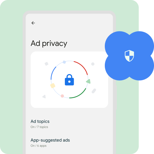 Android 휴대전화 모양의 화면 안에 자물쇠 애니메이션이 표시되고, 사용자 데이터를 가져오지 못하게 차단된 광고 목록이 이어집니다.