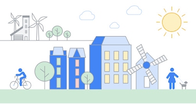 Illustration représentant une ville composée de bâtiments bleus, avec un moulin de polder et des personnes à vélo qui promènent un chien au premier plan, et des moulins à vent, un bâtiment et des arbres en arrière-plan.