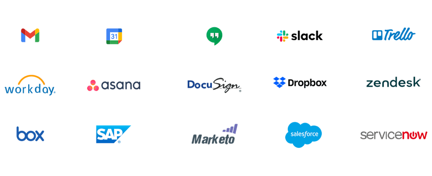 Varios logotipos de productos, como Gmail, Calendario de Google, Google Chat, Slack, Trello, Workday, Asana, Docusign y Dropbox