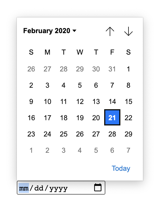 The redesigned input type date element. It has large buttons and easy to click dates.