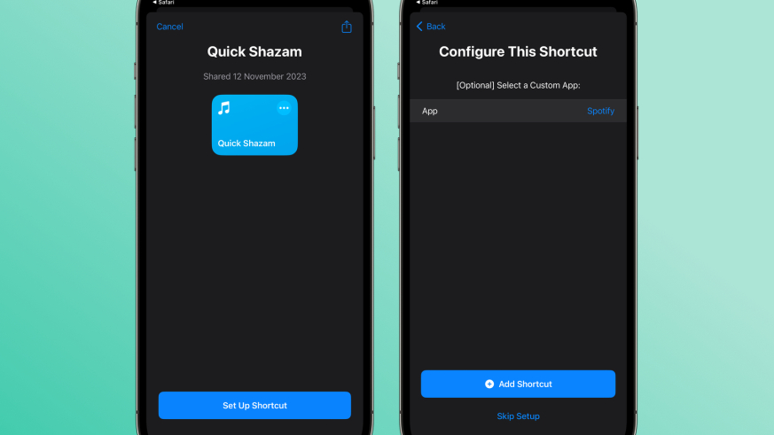 Two screenshots of the setup screens of the Quick Shazam shortcut on an iPhone.