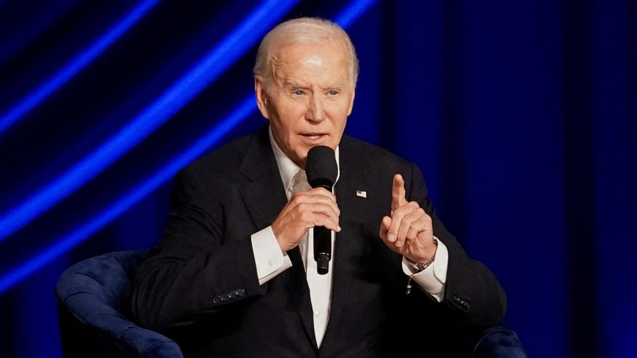 U.S. President Joe Biden takes part in a conversation with former U.S. President Barack Obama (not pictured) during a star-studded campaign fundraiser at the Peacock Theater in Los Angeles, California, U.S., June 15, 2024.