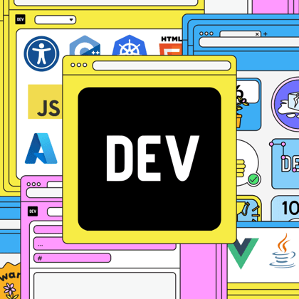 DEV brand image showing illustrations of DEV pages and DEV badges with the DEV logo shown centrally