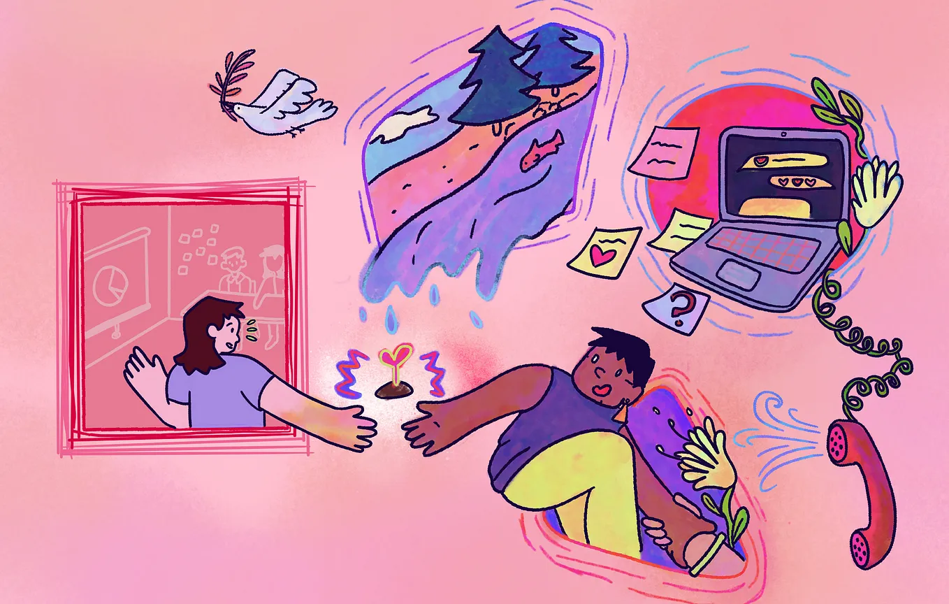 A pink, purple, and yellow illustration. It has a person in a box on one side that looks like they are facilitating a workshop, their colours have no depth. Outside of the box, there are multiple shapes, the top is an irregular rectangle with a scene of a river and a bird flying away. To the right there is a laptop, sticky notes, and a telephone. On the bottom, there is another person with their had reached out to the facilitator.
