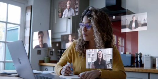 Woman with her laptop in a kitchen, surrounded by images of four other people