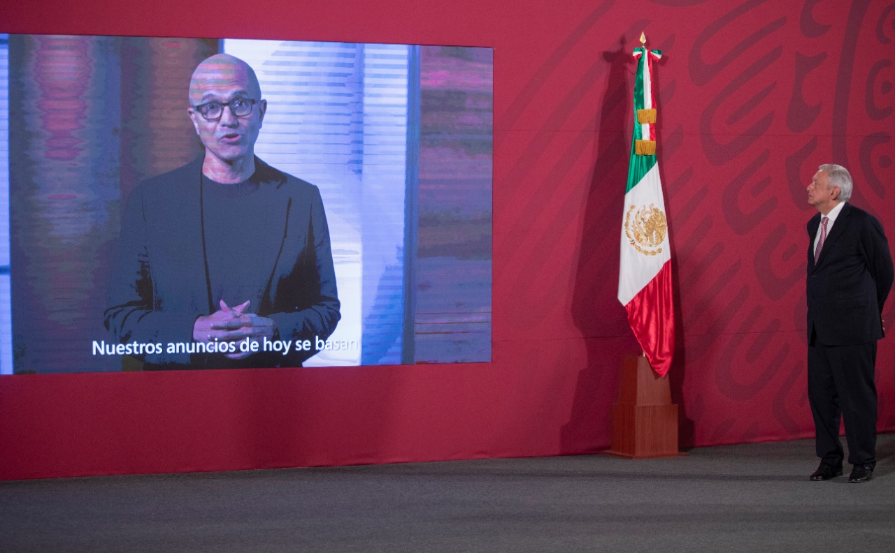 From left: Video of Satya Nadella, CEO Microsoft, announcing an investment plan in Mexico; Andrés Manuel Lopez Obrador, President of Mexico