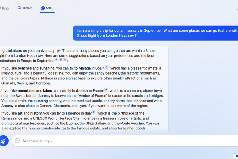 A screenshot shows the new Bing interactive chat where someone is asking for help planning an anniversary trip.