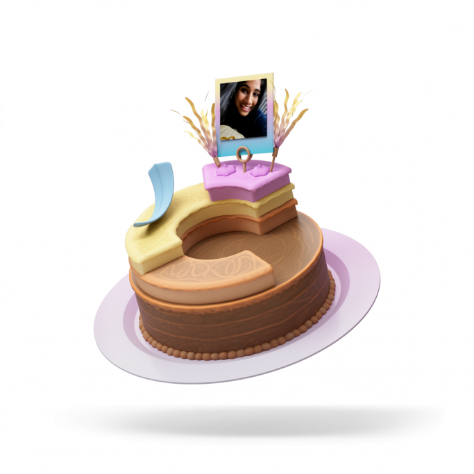 Illustration of a cake with a photograph at the top