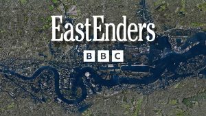 The Eastenders closing image with the Eastenders logo and a map of London, but the river is starting to burst at some parts owing to climate change