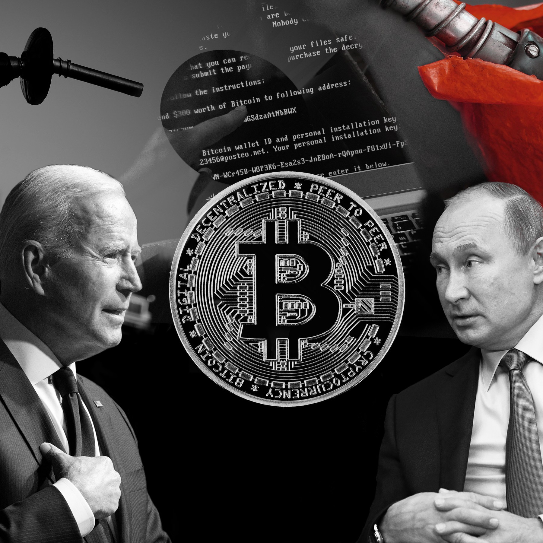 A photo illustration of presidents Biden and Putin sitting on either side of a large coin representing a bitcoin.