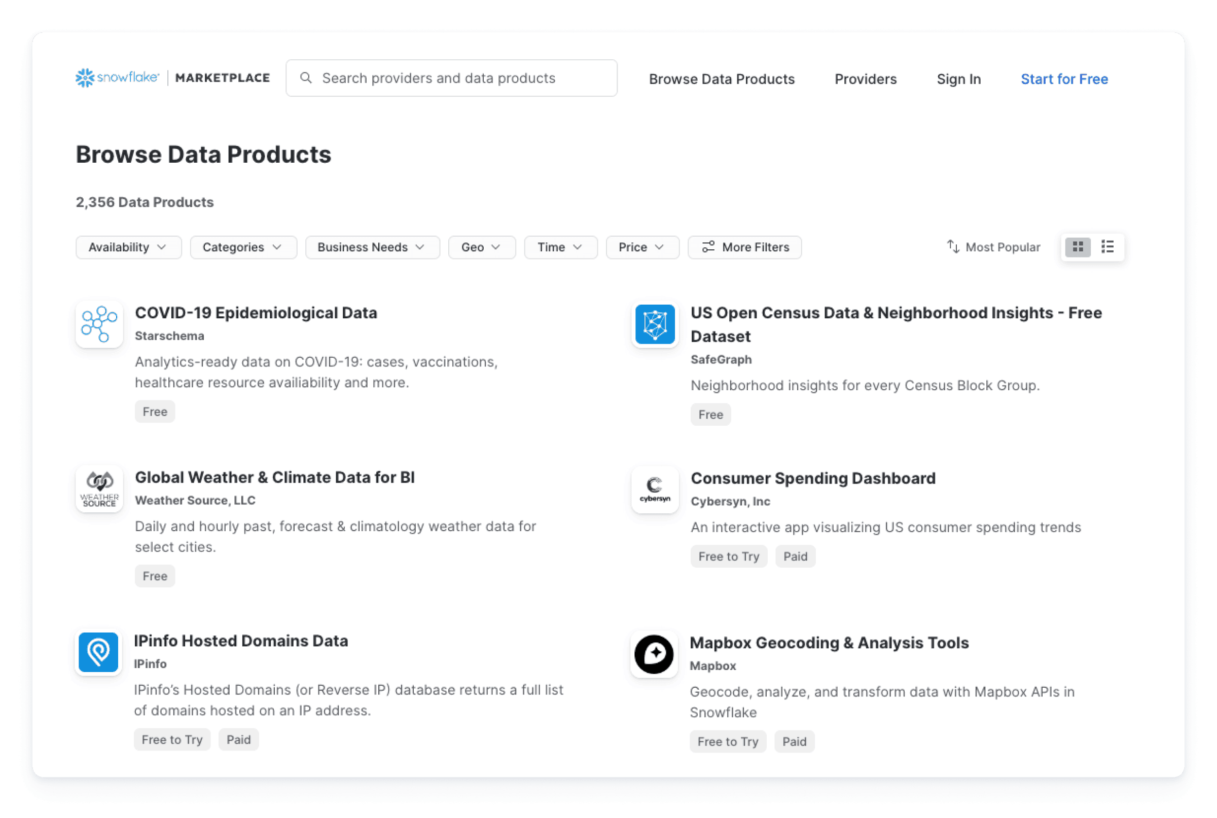 Screenshot of Data Product listings in the Snowflake Marketplace