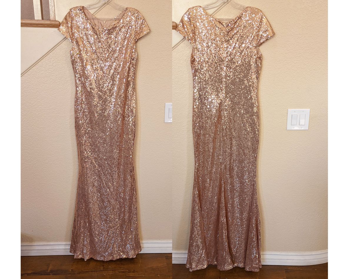 Style Rose Gold Sequin Short Sleeve Formal Dress 8 Size 8 Wedding Guest Sheer Pink Mermaid Dress on Queenly
