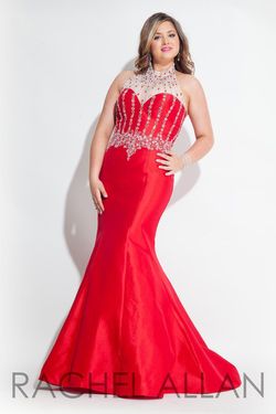 Style 7430 Rachel Allan Red Size 14 Plus Size Halter Mermaid Dress on Queenly