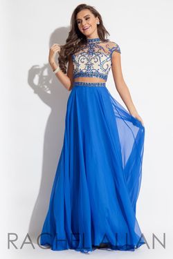 Style 2060 Rachel Allan Blue Size 6 High Neck Beaded Top Prom 2060 Straight Dress on Queenly