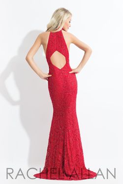 Style 6067 Rachel Allan Red Size 6 Lace Halter Prom Mermaid Dress on Queenly