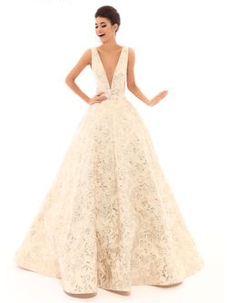 Style 50457 Tarik Ediz Nude Size 12 Prom Tall Height Ball gown on Queenly