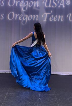 Custom Blue Size 2 Prom Silk Sequin Plunge Side slit Dress on Queenly