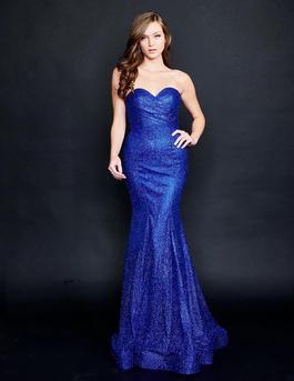 Style 9143 Nina Canacci Blue Size 12 Sequined Pageant Black Tie Prom Straight Dress on Queenly