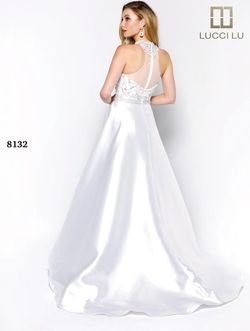 Style 8132 Lucci Lu White Size 4 High Neck Beaded Top Prom Train Ball gown on Queenly