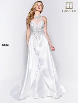 Style 8132 Lucci Lu White Size 4 High Neck Beaded Top Prom Train Ball gown on Queenly