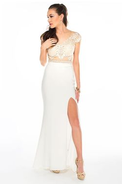 Style 16349 Brit Cameron White Size 2 Belt Shiny Side slit Dress on Queenly