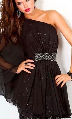 Jovani Black Size 6 One Shoulder Belt Silk $300 Cocktail Dress on Queenly
