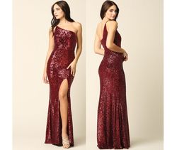 Style Burgundy One Shoulder Sequined Sheath Gown EVA Red Size 6 Pageant Side slit Dress on Queenly