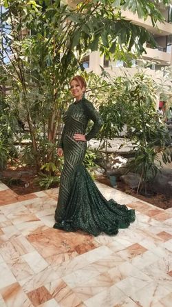 Jovani Dark Green Size 8 Shiny Sequined Sleeves Mermaid Dress on Queenly