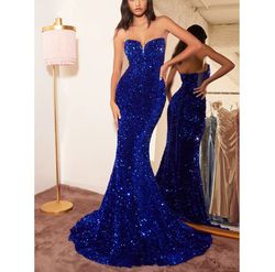 Style Royal Blue Sequined Strapless Sweetheart Neck Mermaid Gown Cinderella  Royal Blue Size 8 Sheer Polyester Mermaid Dress on Queenly