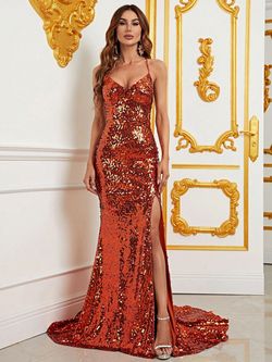 Style FSWD1076 Faeriesty Red Size 12 Tall Height Polyester Sequin Mermaid Side slit Dress on Queenly