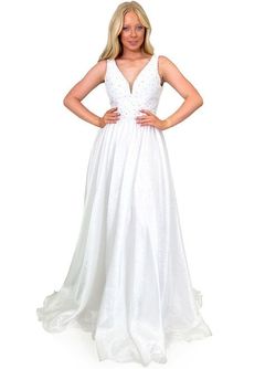 Style 8282 Marc Defang White Size 6 Floor Length V Neck Ball gown on Queenly