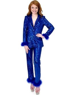 Style 8233 Marc Defang Blue Size 10 Sequined Interview Floor Length Jumpsuit Dress on Queenly
