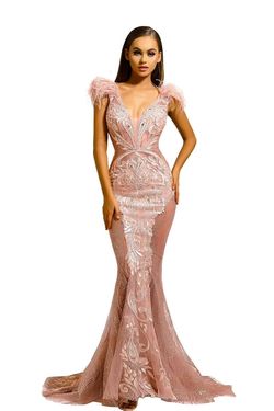 Style PS1986 Portia and Scarlett Pink Size 4 Feather Pageant Sheer Jewelled Straight Dress on Queenly
