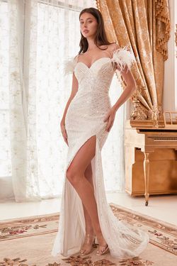 Style CD0207W Cinderella Divine White Size 8 Feather Cd0207w Side slit Dress on Queenly