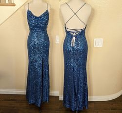 Style Denim Blue Sequined Cowl Ruched Rhinestone Side Slit Formal  Dress Minuet Blue Size 10 Prom Jewelled Fully Beaded Side slit Dress on Queenly