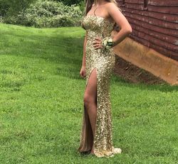 Style 54447 Sherri Hill Gold Size 0 Black Tie Strapless Jersey Side slit Dress on Queenly