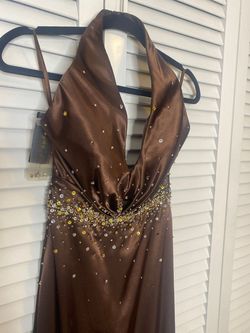 Style 5477 Night Moves Brown Size 4 Jersey Sequined Prom Straight Dress on Queenly