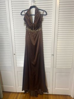 Style 5477 Night Moves Brown Size 4 Halter Wedding Guest Straight Dress on Queenly